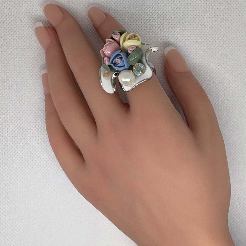 Coquette Ceramic Floral Cocktail Ring - Statement Pearl & Crystal